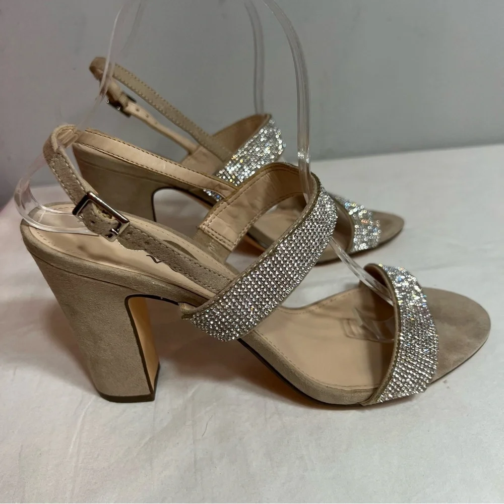 Nina Senta nude tan rhinestone double strap adjustable strap block heels 9.5